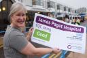 James Paget Hospital chief executive, Anna Hills, pictured celebrating the hospital's 'good' CQC rating in 2019