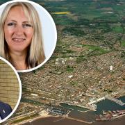 East Suffolk Council is planning a council tax rise of almost £5 per year for 2022. Lowestoft from above. Inset, below, council leader Steve Gallant, above, Caroline Topping