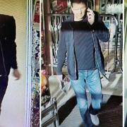 Three images of a man who police would like to talk to regarding three thefts from Tesco shops in Beccles