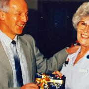Shirley Thornton on her retirement with consultant Mr Costley. She has died aged 87.