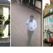 The CCTV images had to be blurred for legal reasons - the dine-and-dasher pictured outside of The Angel in Halesworth